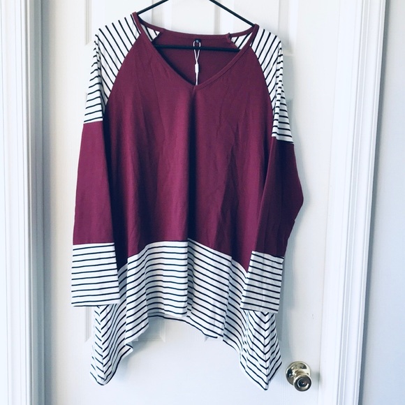 LNTRANICE Tops - Burgundy, Black and White Striped Asymmetrical Top